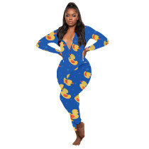 Casual Pattern Printed V Neck Home Jumpsuit