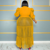 Sexy Perspective Mesh Long Dress with Belt