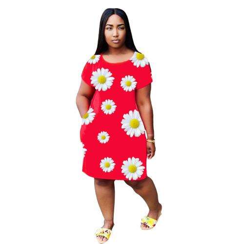 Casual Chrysanthemum Pattern Mini Dress