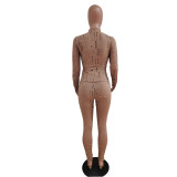Brown Sexy Solid Ripped See-through Turtleneck Long Sleeve Two Pieces Tracksuit Set