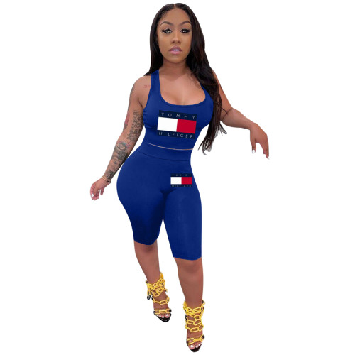 Solid Color Offset Sports Sleeveless Short Set