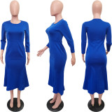 Spring Solid Color Round Neck Back Zipper Mid Dress