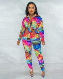 Casual Printed Turndown Neck Long Sleeve Shirt Trousers Homewear Casual Set