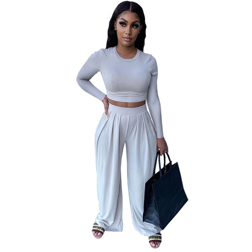 Solid Color Long Sleeve Blouse and Wide-leg pants For Autumn