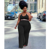 Solid Color Black Ruffled Halter One Piece Sexy Backless Jumpsuit