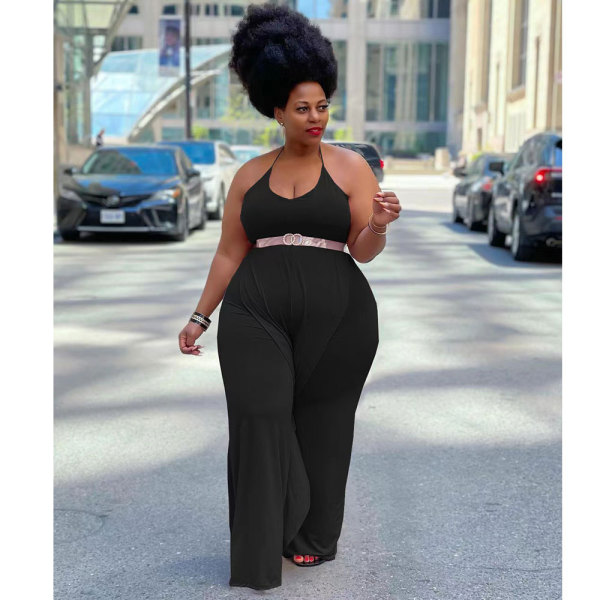 Solid Color Black Ruffled Halter One Piece Sexy Backless Jumpsuit