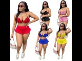 Red Sexy Halter Backless Bra Ruffled Shorts Summer Set