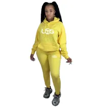 Yellow Autumn Winter Women's Clothing Printed Plush Hooded Sweatpants Sets