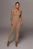 Solid Color Ribbed Sleeveless Square Neck Backless Tank Jumpsuit
