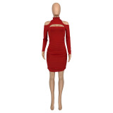 Autumn Casual Solid Red Cold Shoulder Thread Pit Pleated Club Dress with Hollow