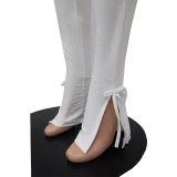 Solid Color Straps Crop Top and Trousers with Side Slit