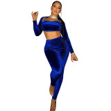 Royal Blue Sexy Solid Korean Velvet Patchwork Halter Long Sleeve Three Pieces