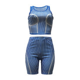 Fashion Striped Print Sleeveless Sports Crop Top and Shorts