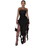 Solid Color Slits Strapless Fungus Long Skirt Stitching Bandeau Dresses