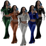 Solid Black Velvet Embroidered Letters Tracksuit Long Sleeve Zipper 2 Piece Pants Set