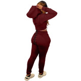 Winter Sports Long Sleeve Two Piece Wine Red Printed Bandage Sweatshirt Hooded Set For Women