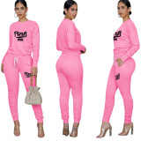 Casual Print Letter Pleated Sweatpants Two Piece with Pockets