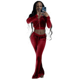 Autumn Winter Wine Red Velvet Sports Sweatshirt Crop Top and Trousers