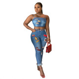 Denim Tracksuit Women Two Piece Set Cartoon Patch Spaghetti Strap Vest Crop Top Pencil Jeans Outfits