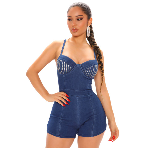 Hot Drilling Dazzled And Denim Romper