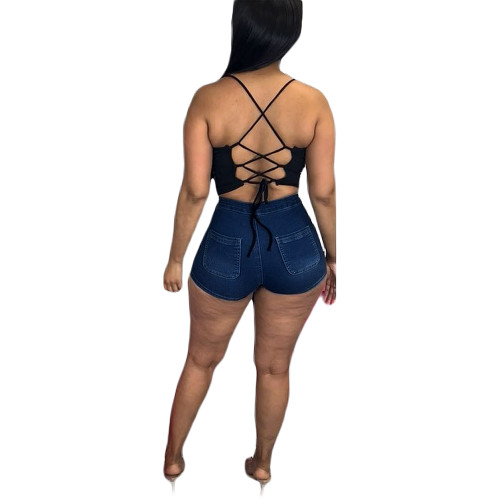 Washed Button Denim Hot Shorts with Pocket