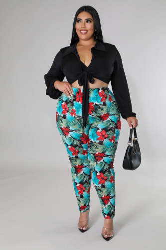 Plus Size Long Sleeve Bandage Shirt + Printed Pants 2 Piece Sets