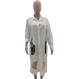 Casual Stitching Mesh Cardigan Shirt Midi Dress