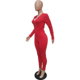 Casual Solid Red Drawstring Wrinkles Backless V Neck Skinny Jumpsuits