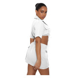 Solid Color Clothes Short Sleeve Crop Skirt Set Tooling Style