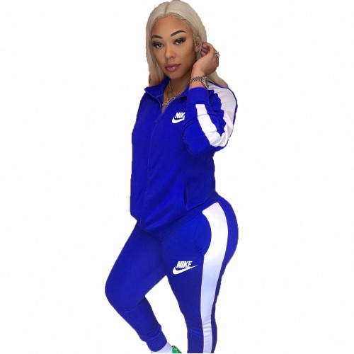 Ladies Casual Blue High Neck Embroidered Letter Colorblock Pants Set