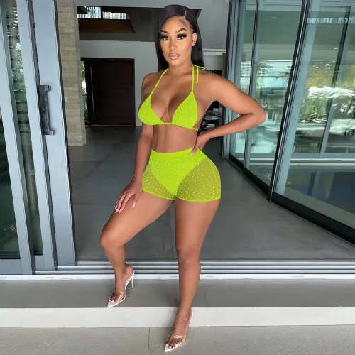Summer Fluorescent Green Beachwear Sexy Mesh Sequined Two Piece Short Set