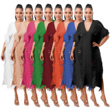 Solid Color Manual Knitted Sheer Fringed Dress