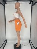 Casual Orange Printed Letter Vest Crop Top Tracksuit Short Set with Pocket