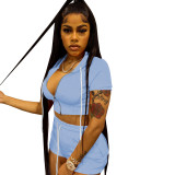 Light Blue Solid Zip Up Cardigan Cropped Hooded Two Piece Short Set