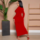 Solid Color V Neck Ruched Maxi Dress