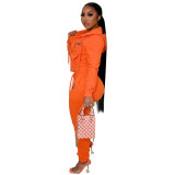 Solid Color Orange Embroidered Letter Sports Hoodie Pants Set