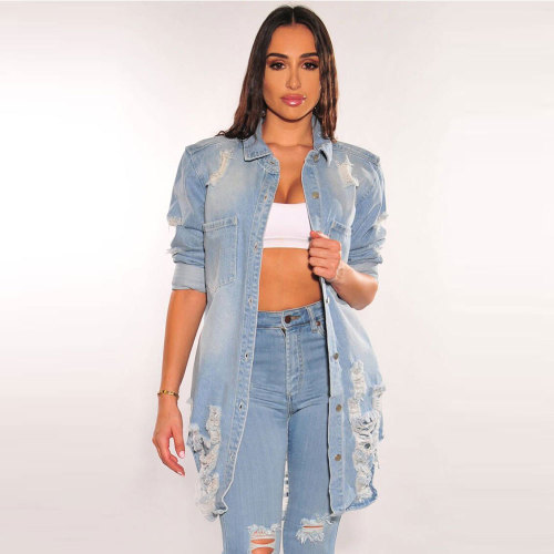 Women's Casual Distressed Ripped Single-breasted Long Denim Jacket