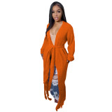 Tassel Trim Open Front Chunky Knit Longline Cardigan