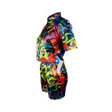 Casual Imitation Silk Printed Shirt Trousers Two Piece With Pockets