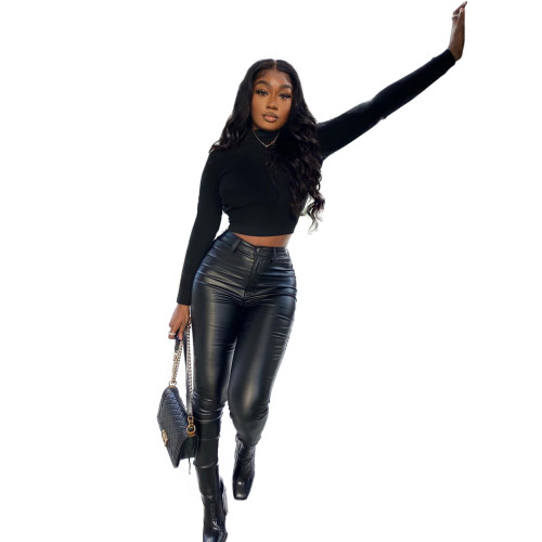 Elastic Imitation Leather Long Pants