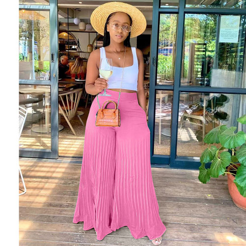 Pink Casual Solid Pleated Mid Waist Wide Leg Pants