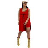 Casual Red Printed Vest Loose Split Long Vest Top Shorts Set