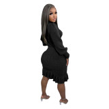 Casual Solid Basic Sweater Turtleneck Ruffle Hand-Knit Long Sleeve Dresses