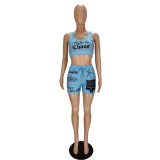 Casual Letter Printing Vest Sports Suit with Pockets