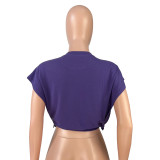 Casual Purple Cool Racing Print Bandage Hollowed Out Split Joint O Neck T-Shirts