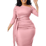 Plain Bandage Ruched Slant Neck Midi Dress