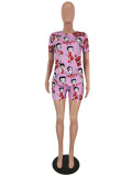Casual Cartoon Letters Printed Shorts Set