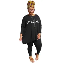 Black Plus Size Clothing Pure Color Casual Top Trousers Two-piece Suit