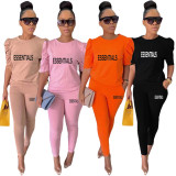 Casual Half Sleeves Printed Letter Pant Set with Pockets