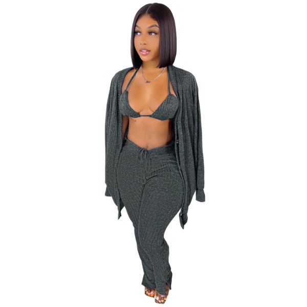 Women 3 Piece Sets Sexy Lingerie Lounge Wear Set Dark Grey Pyjamas Female Nightwear Cardigan Sleepwear